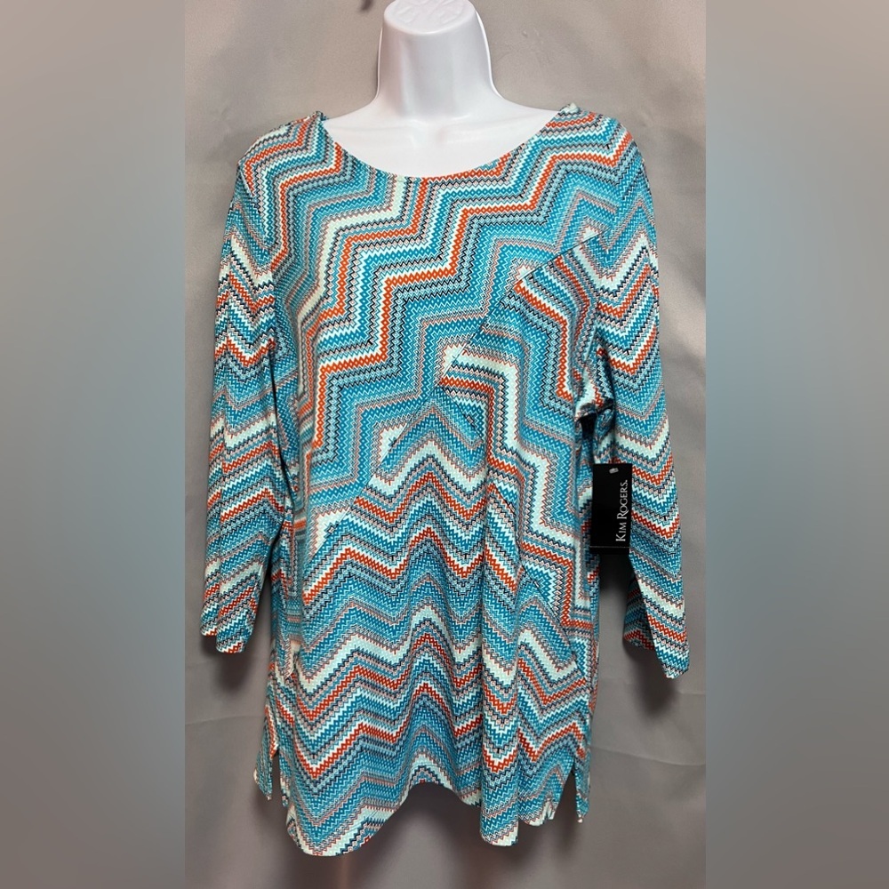 Women's Kim Rogers Round Neck‎ 3/4 Sleeve Blouse Sz XL Geometric
